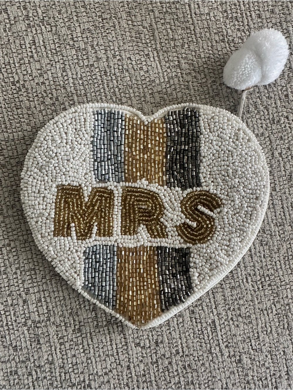 Beaded 'MRS' Heart Pouch in White, Gold, and Gray